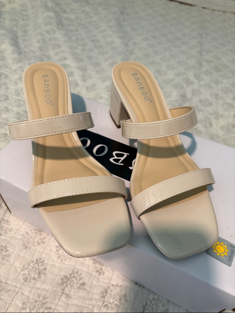 BAMBOO Cream Two-Strap Square Toe Block Heel Mules